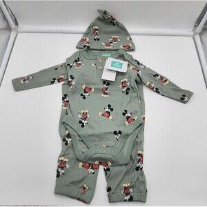 Mickey Mouse Baby Boys 3-Piece Ribbed Outfit Set Bodysuit Pants Hat 6–9M